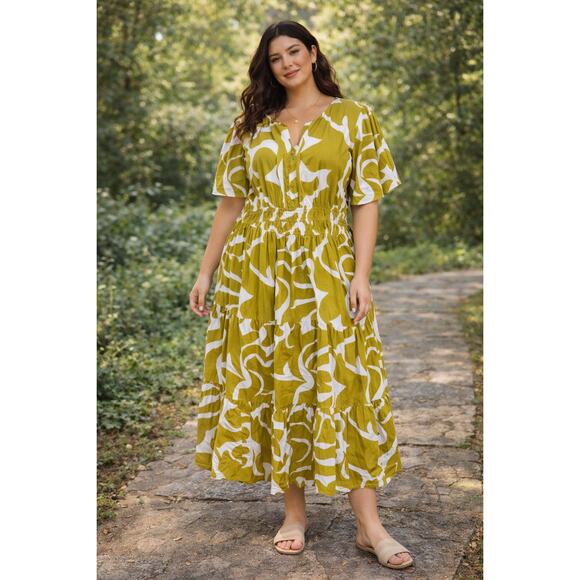 Meadow Rhodes Dresses & Skirts - MEADOW RHODES mustard white abstract floral Cotton India tiered midi dress XL